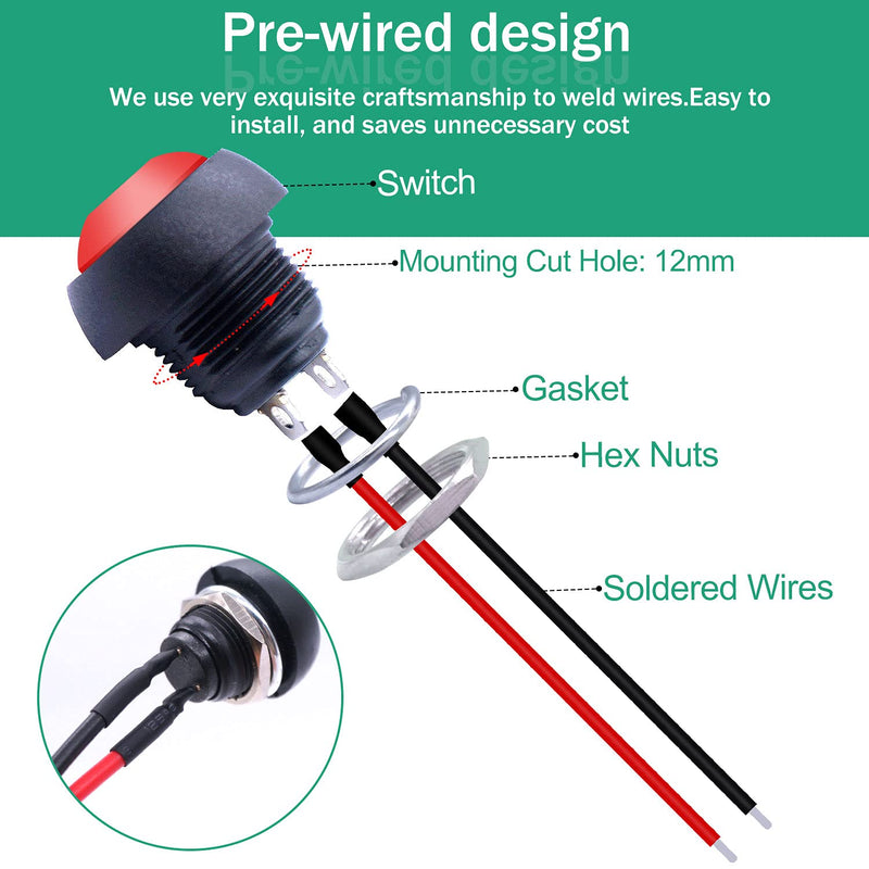 [Australia - AusPower] - Twidec/10Pcs 12mm Momentary Push Button Switch 1/2" Mounting Hole On Off Mini Round Waterproof 5 Color with Pre-soldered Wires PBS-33B-5C-X-2 
