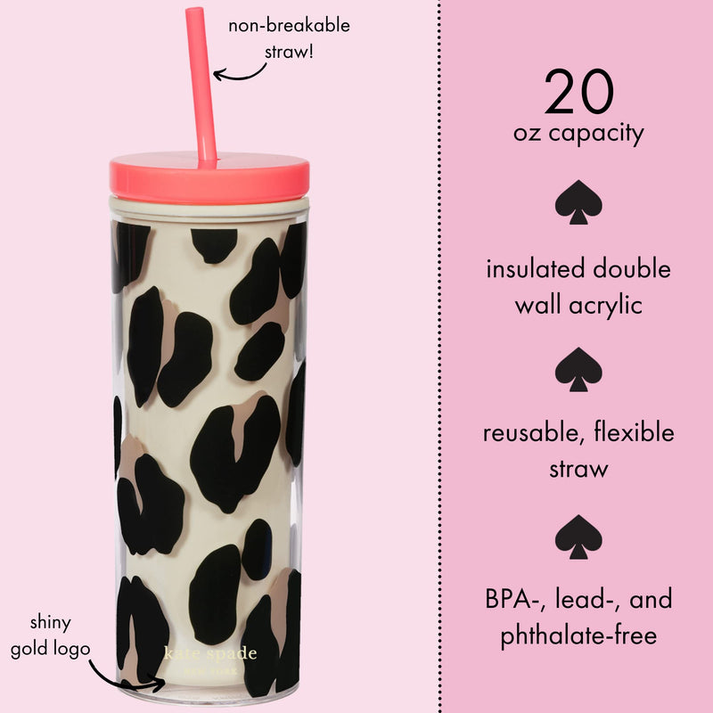 [Australia - AusPower] - Kate Spade New York Insulated Tumbler with Reusable Straw, Leopard Print 20 Ounce Acrylic Travel Cup with Lid, Forest Feline 