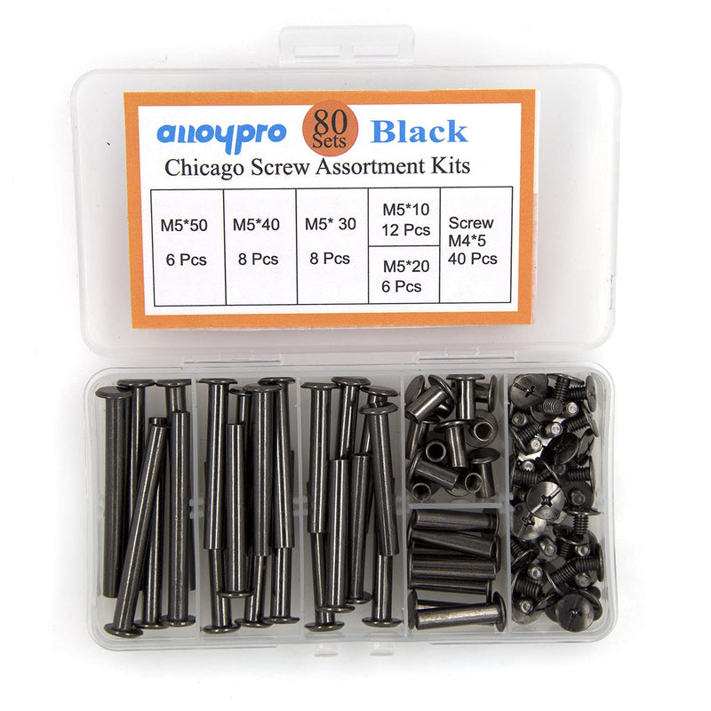 [Australia - AusPower] - Alloypro 80 Pcs Phillips Chicago Binding Screws M5 x 10/20/30/40/50mm Black Scrapbook Extenders Post Binding Barrels and Screws Assortment Kit for Scrapbook Photo Albums/Book Binding Black M5x10/20/30/40/50 