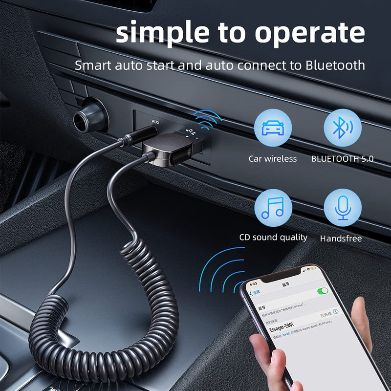 [Australia - AusPower] - Aux Bluetooth Adapter for Car,Essager Noise Cancelling Bluetooth 5.0 Receiver,Lossless Music USB to 3.5mm Jack Audio Adapter with Built-in Microphone for Car Kits/Home Stereo/Handsfree Call Speaker 