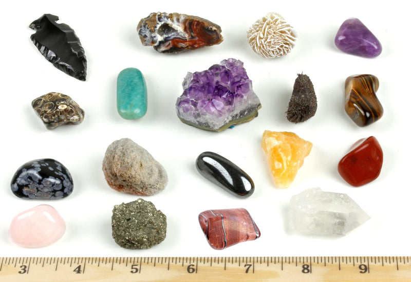 [Australia - AusPower] - Dancing Bear Rock and Mineral Geology Education Collection - 18 Pcs of Gem Stones w Identification Book. Box and 2 Velvet Pouches Included! Geology Gem Kit for Kids 