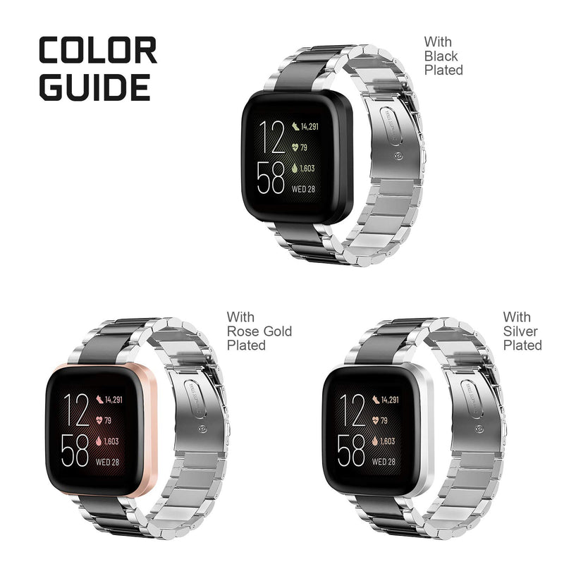 [Australia - AusPower] - Fintie Metal Band Compatible with Fitbit Versa, Versa Lite Edition, Solid Stainless Steel Strap Replacement Wristband Business Bracelet Compatible with Fitbit Versa Smartwatch, Black, Silver 