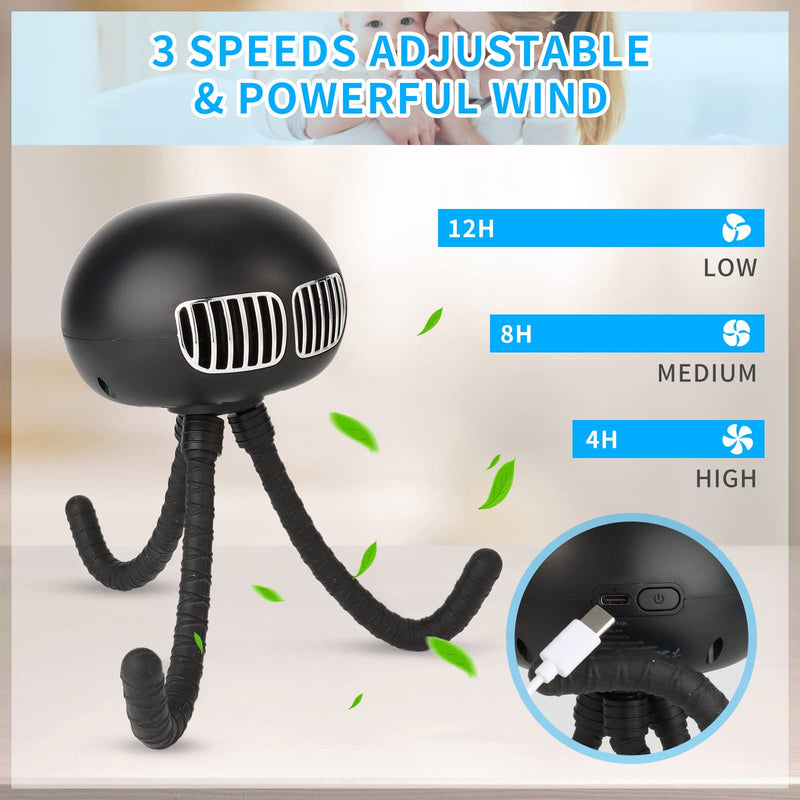 [Australia - AusPower] - Bladeless Desk Fan Rechargeable, Small Bladeless Personal Fan Quiet Mini Table Fan, 12''Small Fan for Bedroom and Office, USB or 4000mAh Battery Operated, with Touch Control 6-Colors LED Light Black 