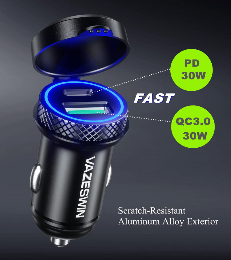 [Australia - AusPower] - VAZESWIN USB C Car Charger, 60W 5A Mini Metal Super Fast Car Charger Adapter, QC3.0&PD Type C Dual Port Quick Charge USB Car Phone Charger with Blue LED Aperture and Protective Cover 