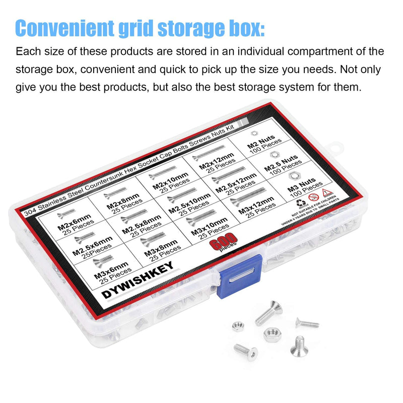 [Australia - AusPower] - DYWISHKEY 600 PCS Metric M2 M2.5 M3, 304 Stainless Steel Flat Head Countersunk Socket Cap Bolts Screws Nuts Assortment Kit with Hex Wrenches 