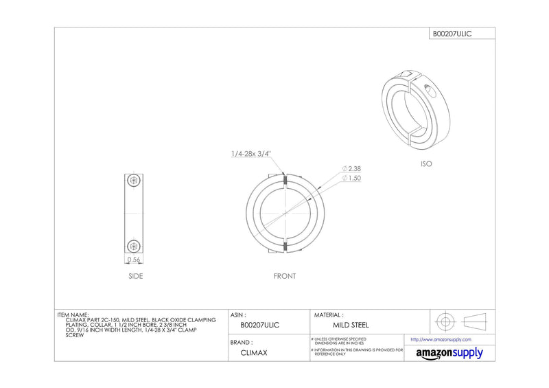 [Australia - AusPower] - Climax Part 2C-150, Mild Steel, Black Oxide Plating, Clamping Collar, 1 1/2 inch bore, 2 3/8 inch OD, 9/16 inch Width, 1/4-28 x 3/4" Clamp Screw 