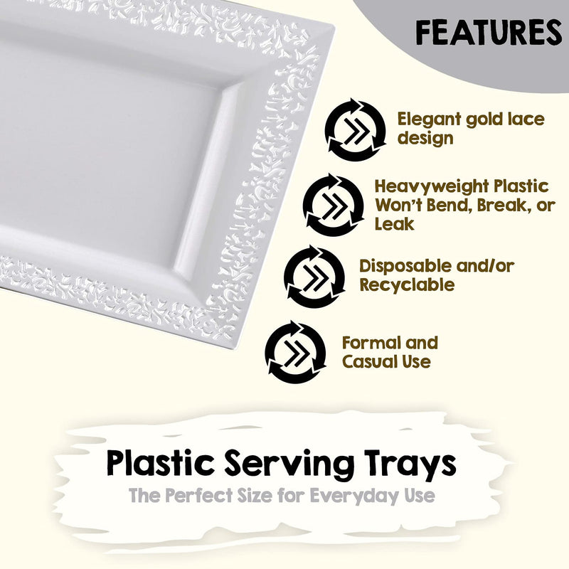 [Australia - AusPower] - Yumchikel-Decorative Plastic Serving Tray & Platter Set (4pk) - White Disposable Party Trays & Platters for Food - Weddings, Upscale Parties, Dessert Table, Cupcake display - 14"x7.5" inches 
