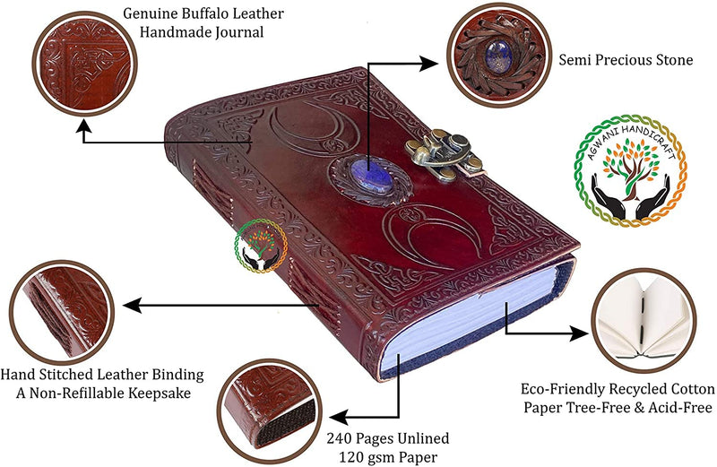 [Australia - AusPower] - Leather Journal Handmade Third Eye Stone Celtic Triple Moon New Embossed Vintage Daily Notepad Unlined Paper 7 x 5 Inches, Sketchbook & Writing Notebook Brown 