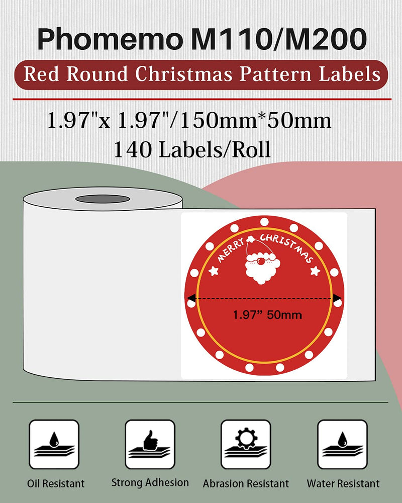 [Australia - AusPower] - Phomemo Christmas Circle Label for M110/M110S/M120/M200/M220 Label Maker-Clear Printing, Good Adhesive, 50 x 50mm, 1.96" x 1.96", Red 