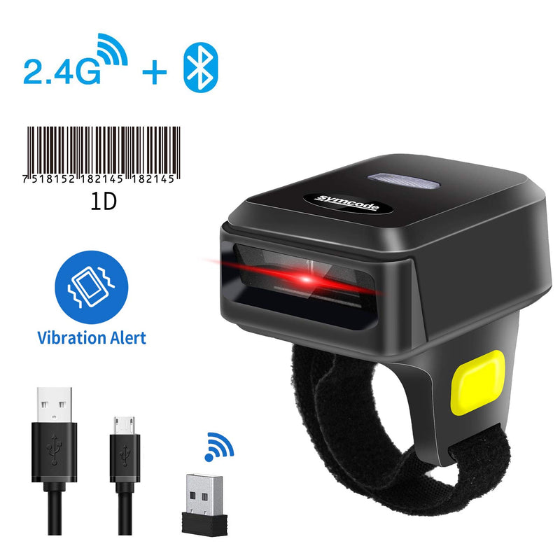 [Australia - AusPower] - Symcode Wireless Bluetooth Barcode Scanner with Bluetooth & 2.4GHz Wireless & Wired Connection, Portable Ring Wearable Finger 1D Mini Bar Code Reader Scanner 1D Ring Scanner 