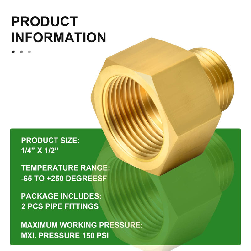 [Australia - AusPower] - TAISHER 2PCS Brass Pipe Fitting, Reducer Adapter, 1/4-Inch Male Pipe x 1/2-Inch Female Pipe 1/4" NPT Male x 1/2" NPT Female 2 