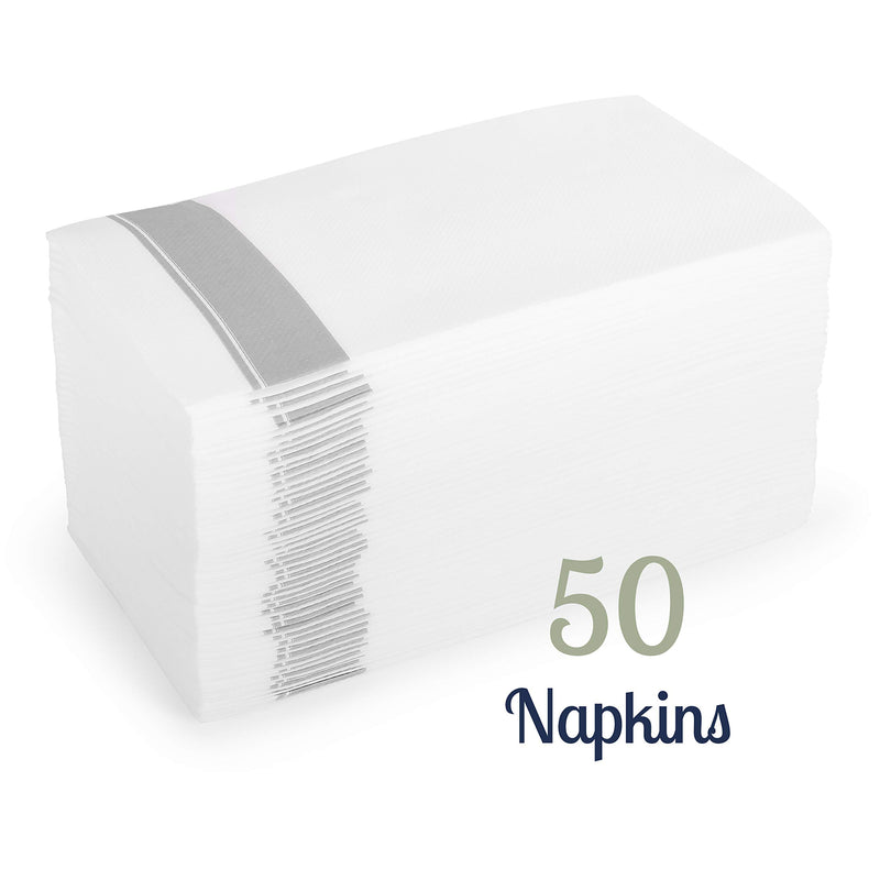 [Australia - AusPower] - [50 Count] Cloth Feel Guest Towels Dinner Napkins With Silver Design Disposable, Elegant, Soft, Absorbent, Quality, Bathroom Paper Hand Towels, Wedding, Party, Napkins 50 Silver Border 