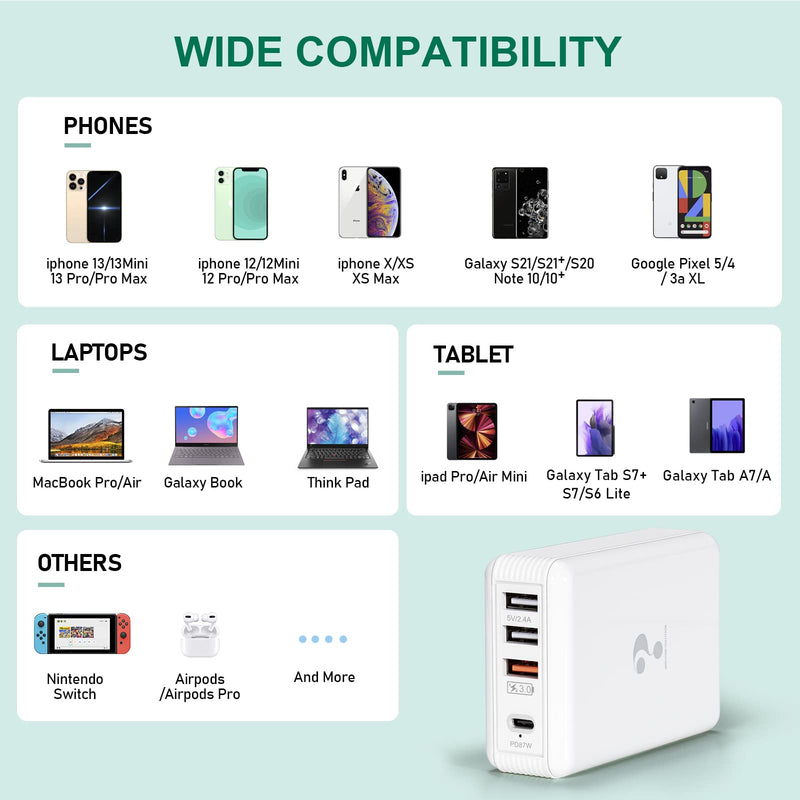 [Australia - AusPower] - USB C Fast Charger WinHow 100W 4-Port USB Wall Charger PD/QC3.0 Fast Desktop Charging Station Multiport USB Fast Charger Adapter for MacBook Pro/Air, iPad, iPhone, Galaxy, Laptop and More 