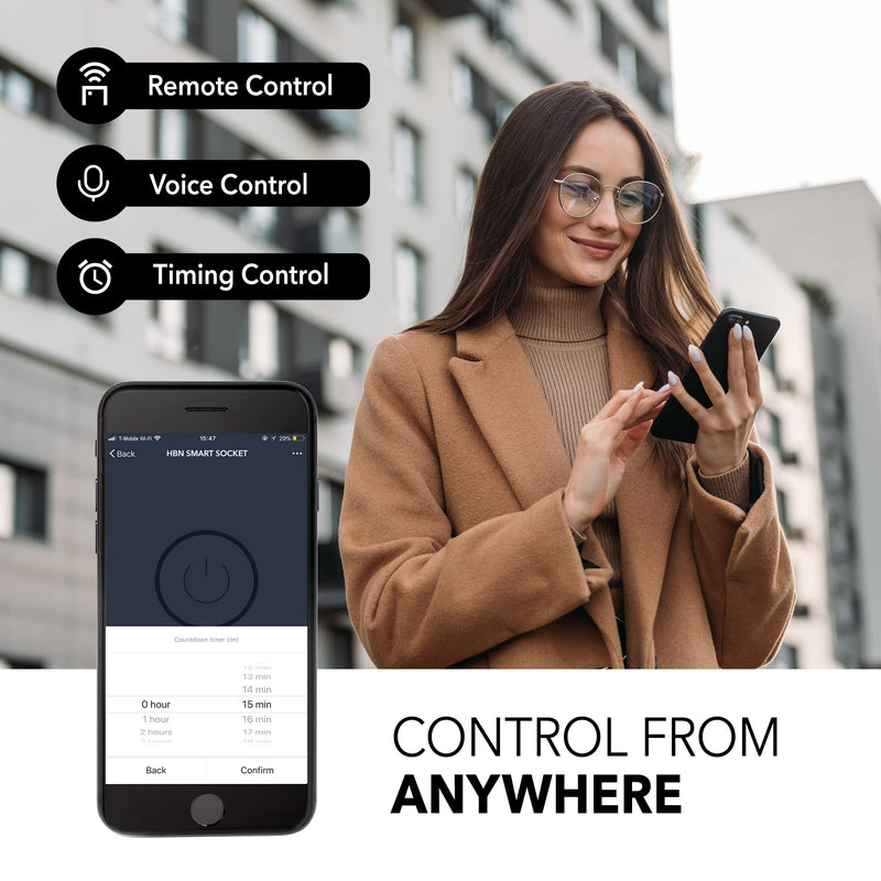 [Australia - AusPower] - HBN Smart Plug 15A, WiFi&Bluetooth Outlet Extender Dual Socket Plugs Works with Alexa, Google Home Assistant, Remote Control with Timer Function, No Hub Required, ETL Certified, 2.4G WiFi Only, 2-Pack 2 Pack 