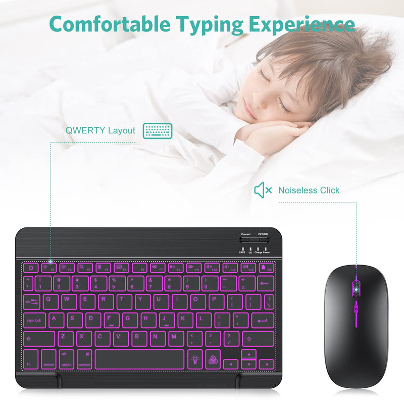 [Australia - AusPower] - TECURS Bluetooth Keyboard and Mouse Combo for iPad, 7-Color Backlit Rechargeable Wireless Keyboard & Mouse Compatible with iPad 9th/8th Gen, iPad Pro/Air/Mini and ipadOS 13 and Above, Black 