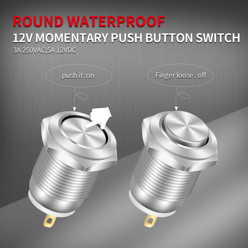 [Australia - AusPower] - DaierTek 6pcs 12mm Momentary Push Button Switch 12V Waterproof Power Pushbutton Small Round Chrome Stainless Metal 2pin N/O 