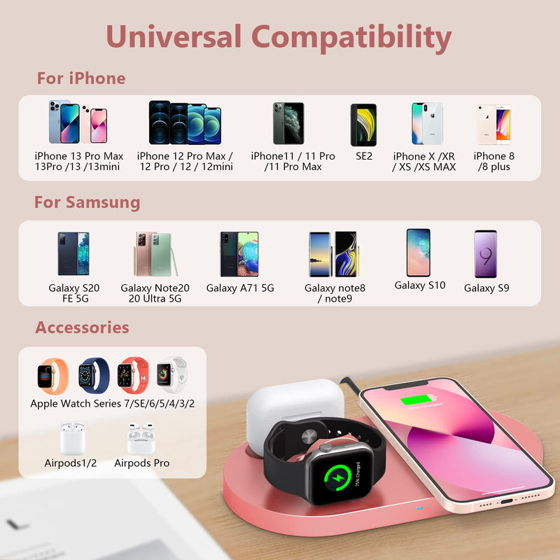 [Australia - AusPower] - Wireless Charger, 3 in 1 Wireless Charging Station Compatible with iPhone 13/12/11 Pro Max/XS MAX/XR/XS/X/8, 18W Fast Wireless Charging Pad for Apple Watch Series & for AirPods 1/2 /Pro (Pink) 