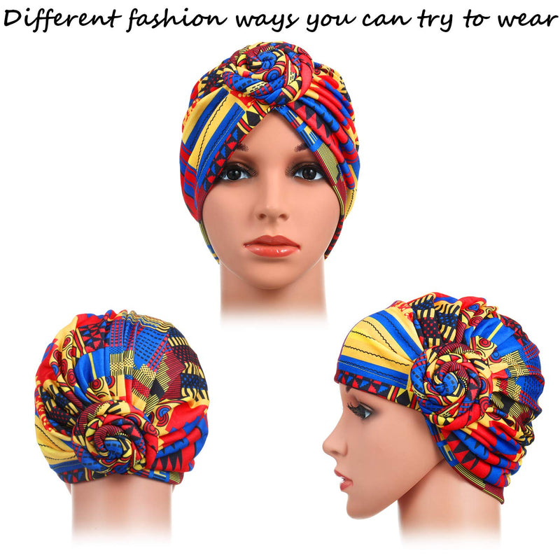 [Australia - AusPower] - SATINIOR 3 Pieces African Turban for Women Knot Pre-Tied Bonnet Beanie Cap Headwrap Black Orange Pink Geometry 
