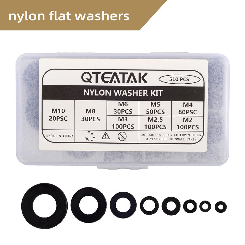 [Australia - AusPower] - QTEATAK 510 Pcs Black Nylon Flat Washer Assortment Kit for Electrical Connections on Household & Commercial Appliances, (M2 M2.5 M3 M4 M5 M6 M8 M10) 