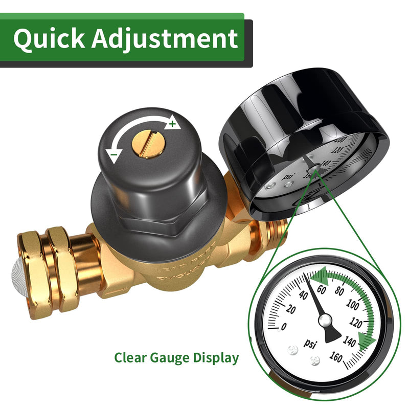 [Australia - AusPower] - RVGUARD RV Water Pressure Regulator Valve, Brass Lead-Free Adjustable Water Pressure Reducer with Gauge and Inlet Screen Filter for RV Camper Travel Trailer 