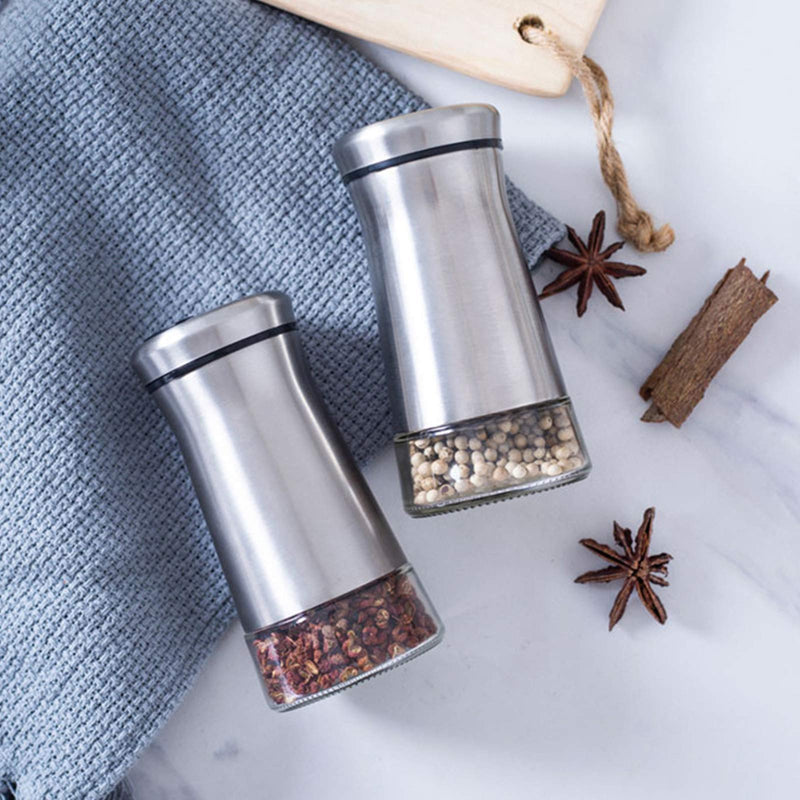 [Australia - AusPower] - VSILE 2 Packs Salt and Pepper Shaker Set, Adjustable Pour Holes Refillable Manual Glass Body Stainles Steel Funnel Mill Seasoning Shaker with Lids for Spices and Sea Salts Fresh Ground Pepper 