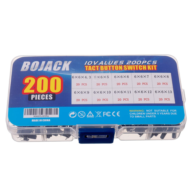 [Australia - AusPower] - BOJACK 10 Values 200 Pcs 6x6 mm Tactile Pushbutton Switches 4 Pin Momentary Push Button Switches Assortment Kit 