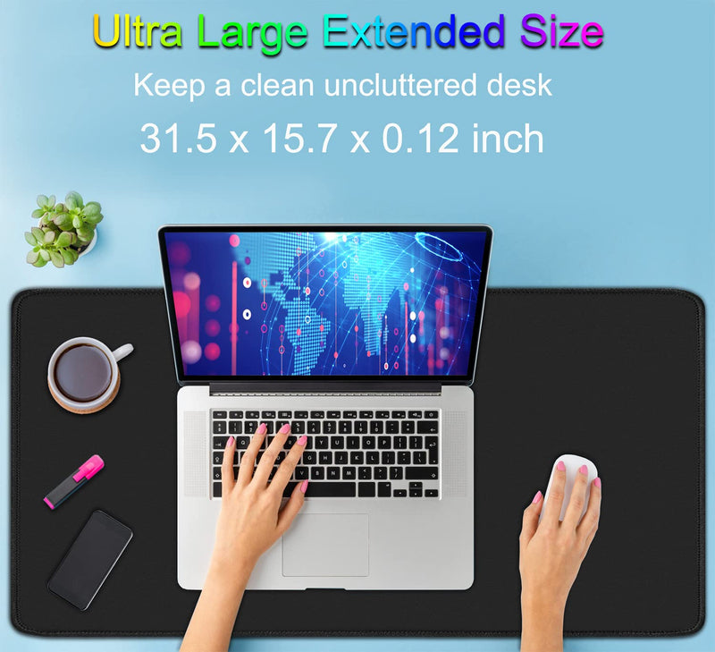 [Australia - AusPower] - Large Extended Gaming Mouse Pad with Stitched Edges, (31.5X15.7In) Durable Non-Slip Natural Rubber Base, Waterproof Computer Keyboard Pad Mat for Esports Pros/Gamer/Desktop/Office/Home-Black Black 