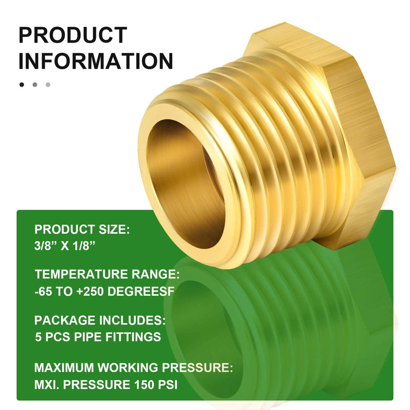 [Australia - AusPower] - TAISHER 10PCS Brass Reducer Hex Bushing Threaded Pipe Fitting 3/8" NPT Male x 1/8" NPT Female Adapter 3/8" MNPT x 1/8" FNPT 10 