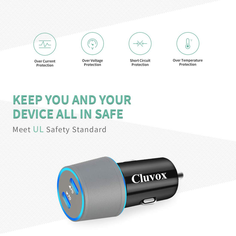 [Australia - AusPower] - Dual USB C Fast Car Charger, Cluvox 36W 2-Port Type C Automobile Charger Compatible for iPhone 13/12 Pro/Max/Mini/11/X/XS/XR/8/Plus, Galaxy S21/S20/S10/S9, iPad Pro Cigarette USB Charger Adapter 