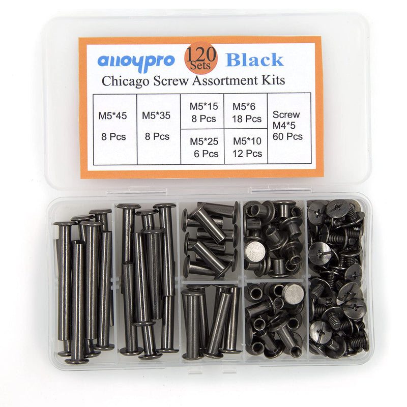 [Australia - AusPower] - Alloypro 120 Pcs (60 Pair) M5 x 6/10/15/25/35/45 Black Phillips Chicago Screws Binding Screw Posts,Scrapbook Photo Albums Binding Screws Assorted Kit 6 Sizes for Leather Saddles Purses Belt Repair Black M5x6/10/15/25/35/45 