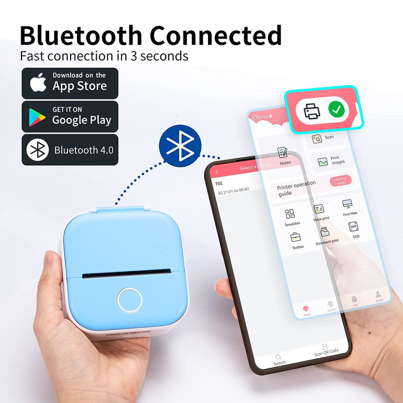 [Australia - AusPower] - Mini Pocket Sticker Printer-Bluetooth Pocket Thermal Printer-Portable Smart Photo Printer for iPhone, Compatible with iOS&Android, T02 Receipt Mobile Sticker Printer for Journal, Notes, Memo, Photo Blue 