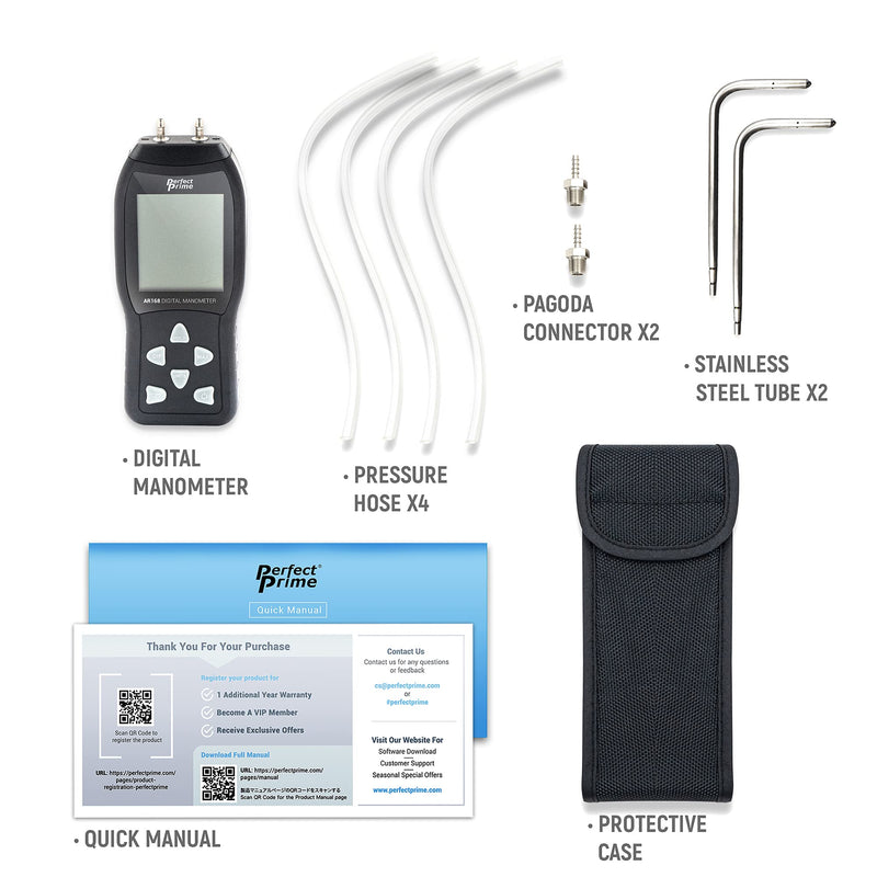 [Australia - AusPower] - PerfectPrime AR168, Professional Digital Air Pressure Meter & Manometer to Measure Gauge & Differential Pressure ±20.68kPa / ±3psi / ±83.02inH2O with 2 Probes 