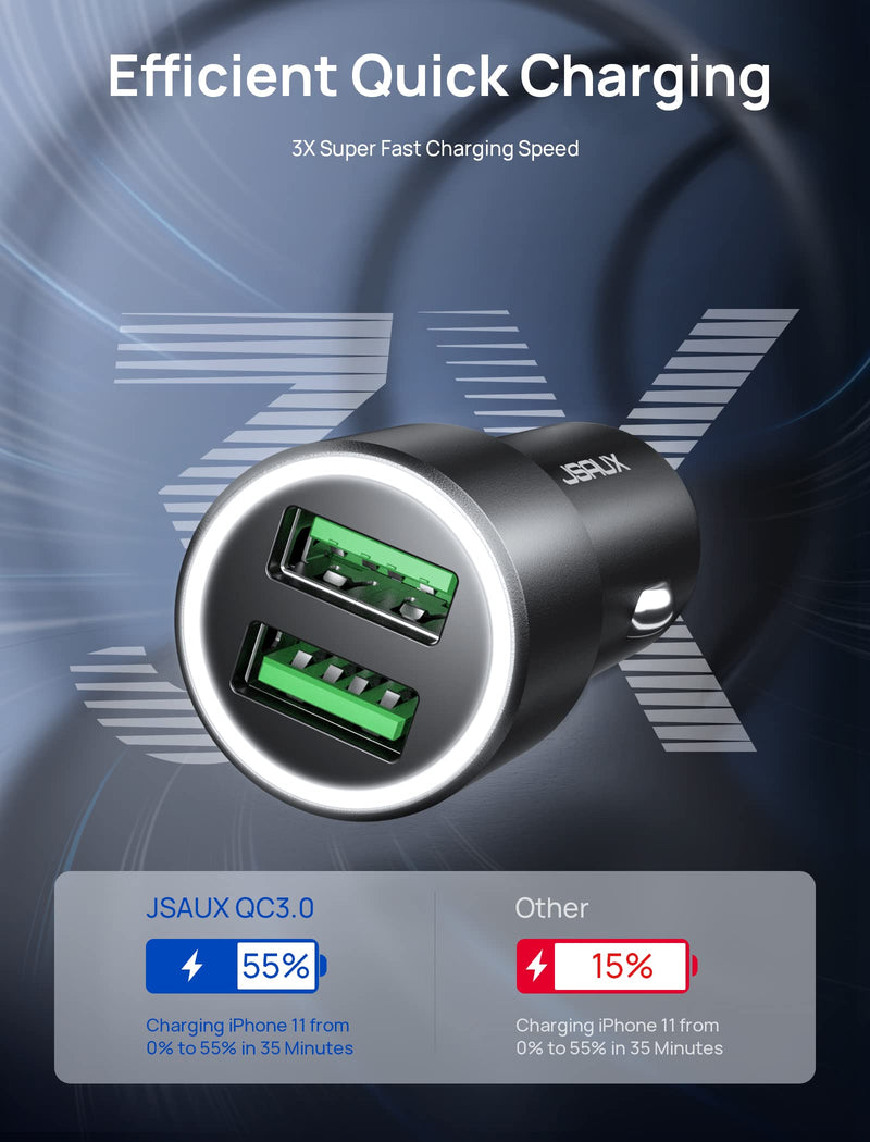 [Australia - AusPower] - Car Charger, JSAUX Dual QC 3.0 USB Ports 36W/6A Fast Car Charge Adapter Metal Cigarette Lighter USB Charger Compatible with iPhone 11/pro/pro max/x/xr/8,Samsung Galaxy S20/S10/S9,Note 10/9,iPad-Black Black 