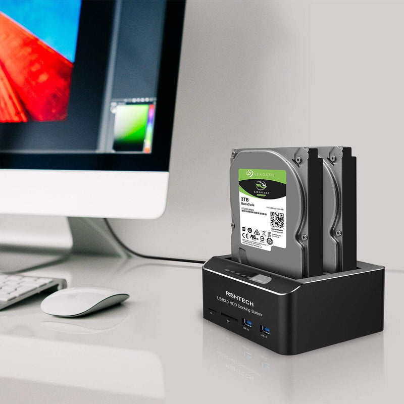 [Australia - AusPower] - Hard Drive Docking Station RSHTECH USB 3.0 Aluminum Dual Bay Hard Drive Dock for 2.5" & 3.5" SATA HDD SSD with SD TF Card Reader and Offline Clone/Duplicator Function Support 16TB Tool-Free 