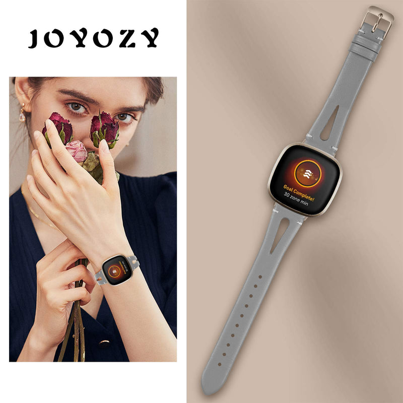 [Australia - AusPower] - Joyozy Breathable Leather Bands with Clear Screen Protector Case for Fitbit Versa 3&Sense Smartwatch Slim Wristbands Replacement Women Men Triangle Hole Strap for Versa 3&Sense Gray&Champagne Gold 