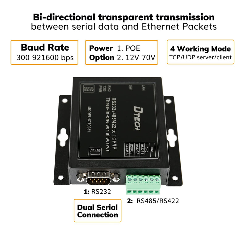 [Australia - AusPower] - DTECH Serial to Ethernet Converter Adapter RS232 RS422 RS485 to TCP IP Device Server Supports DHCP DNS Modbus RTU/TCP 10/100M Power Over Ethernet POE 