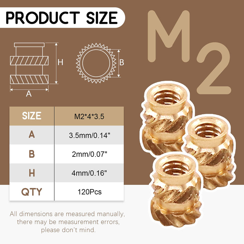 [Australia - AusPower] - Wokape 120Pcs M2x4x3.5mm Brass Nuts Embedment Nut Thread Brass Knurled Nuts Threaded Heat Set Insert Nuts Hydraulic Welded Joint Injection Molding for 3D Printing Injection Molding 120 2x4x3.5mm 