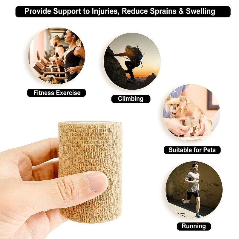 [Australia - AusPower] - Self Adhesive Bandage Wrap(12 Pack, 3 Inch x 5 Yards), First Aid Medical Cohesive Bandage Tape, Breathable Elastic Sports Athletic Tape Wrap for Ankle, Wrist, Knee, Foot Sprains & Swelling(Tan)… Brown (Pack of 12) 