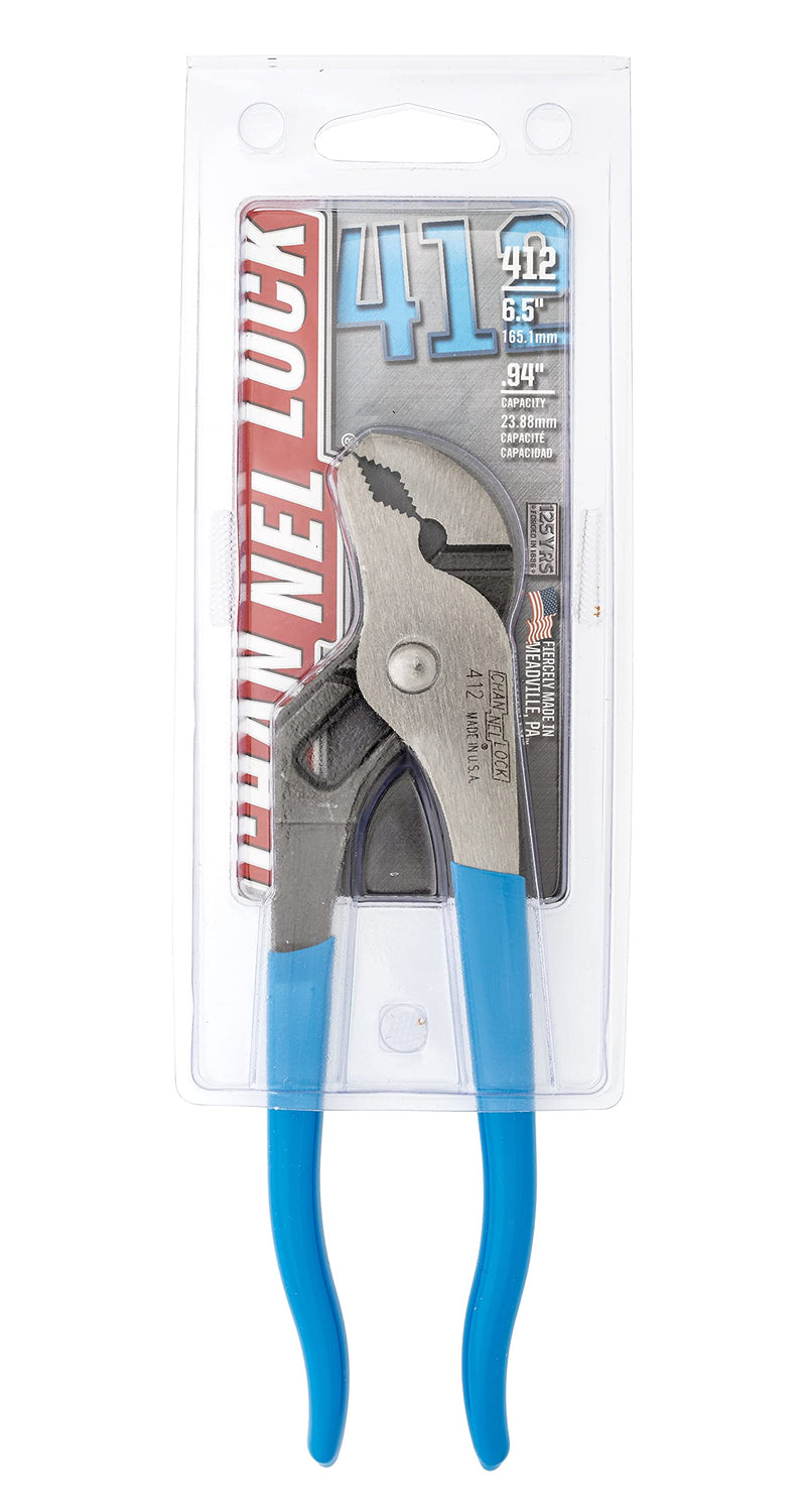 [Australia - AusPower] - CHANNELLOCK 412 6.5-inch V-Jaw Tongue & Groove Pliers | Made in USA | 0.94-inch Jaw Capacity | Forged High Carbon Steel | More Points of Contact on Round Stock , Polished 