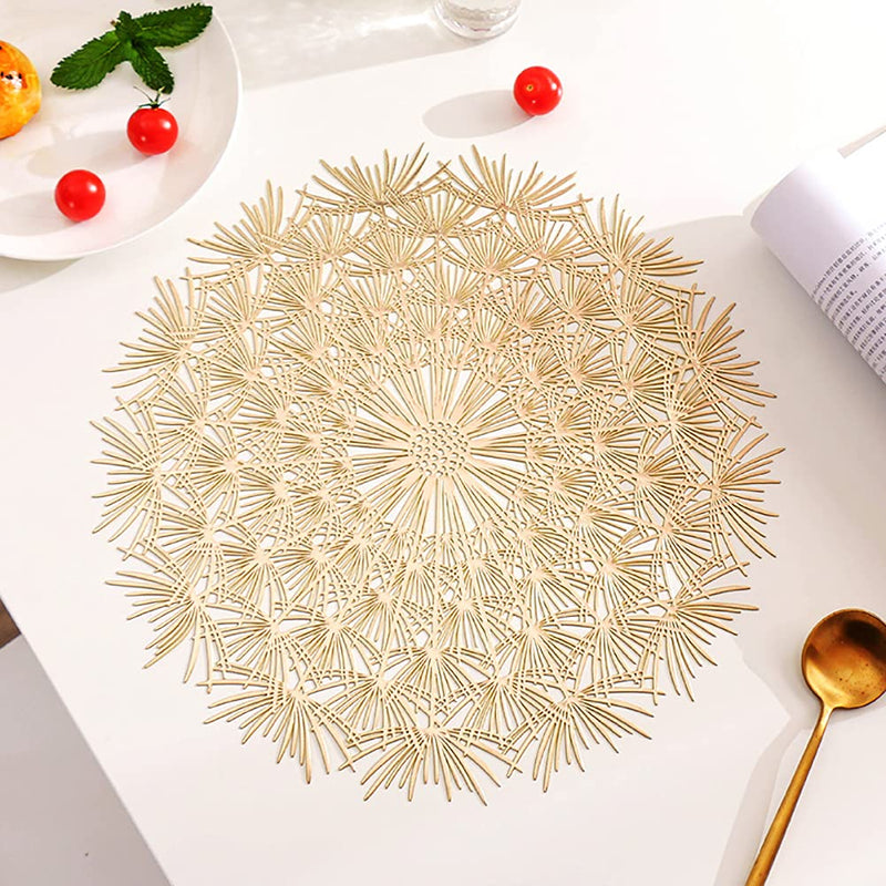 [Australia - AusPower] - Round Gold Placemats Set of 6- Elegant Tablemats-Dandelion Flower Shape Placemats Vinyl Place Mats for Kitchen Dining Table Holiday Wedding Decorative 