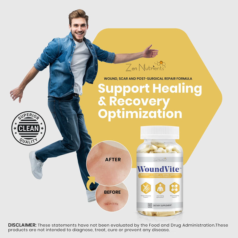[Australia - AusPower] - Zen Nutrients WoundVite Pre & Post Surgery Support, Scar & Wound Care, Scar Treatment, Plastic & General Surgery, Heal Faster & Aids in Recovery Time w/ Bromelain, Turmeric & Arnica - 60 Vegan Caps 60 Count (Pack of 1) 