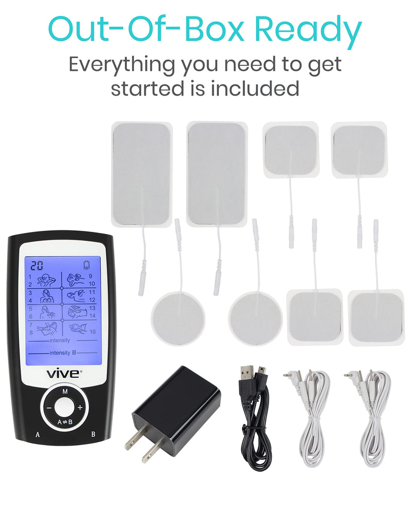 [Australia - AusPower] - Vive Tens Unit Muscle Stimulator- Stim Machine with Self Sticking Electrodes Pads, Massager for Upper & Lower Back, Sciatica, Neck Pain Relief, Electric Shock Therapy for Muscles & Pain Management 