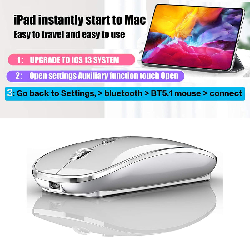 [Australia - AusPower] - Bluetooth Mouse Wireless Bluetooth Mouse for iPad pro iPad Air Mac MacBook Pro MacBook Air Laptop Chromebook Windows HP DELL (Silver) SILVER 