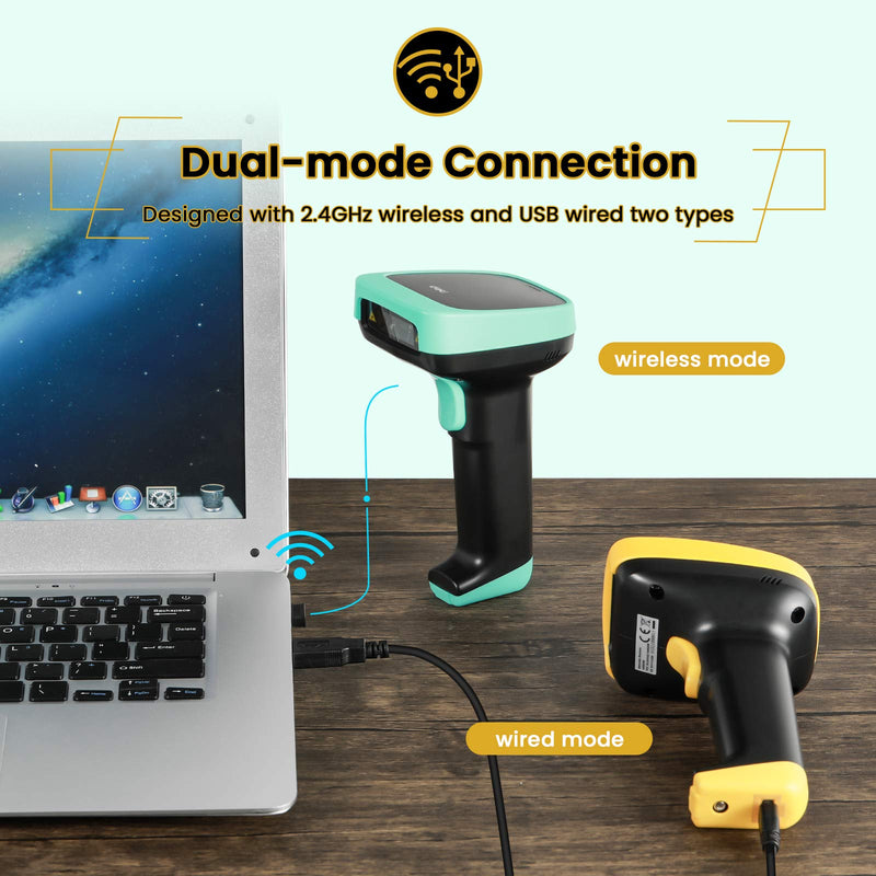 [Australia - AusPower] - Deli Wireless Barcode Scanner, 1D Barcode Reader, 2.4Ghz Wireless/USB 2.0 Wired UPC Scanner, 328 ft Transmission Range, 2000mAh Battery Cyber Yellow 