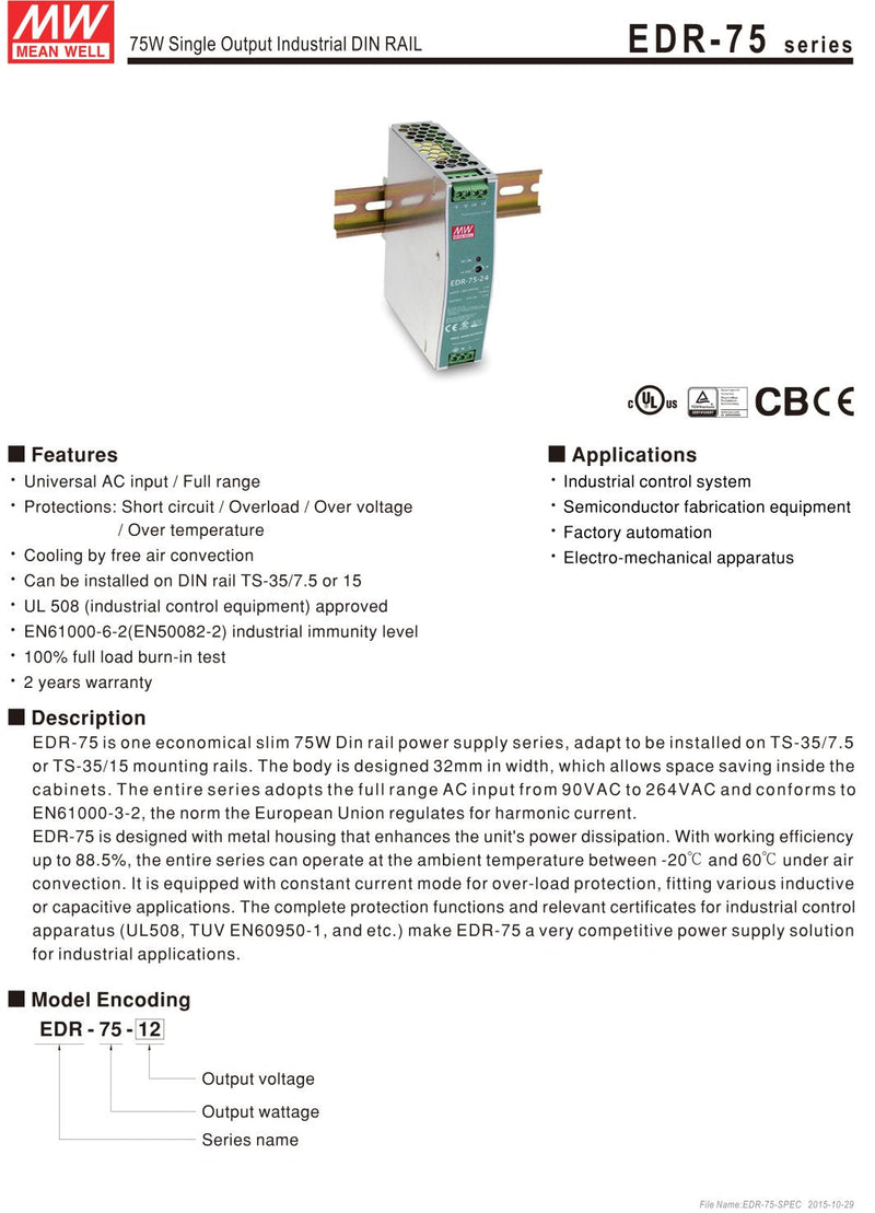 [Australia - AusPower] - AC to DC Switching DIN Rail Power Supply 24 Volts 3.2 Amps 76.8 Watts 