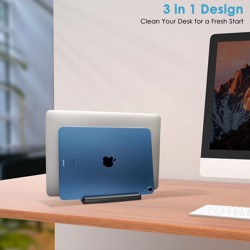 [Australia - AusPower] - JIMEJV Vertical Laptop Stand [New Version: Two More Rubber Pads & Hex Key Storable Design] ABS Plastic Adjustable Dock up to 15 inch PC Desk Space Saver for MacBook/Surface/iPad/Mini PC (Black) Black 