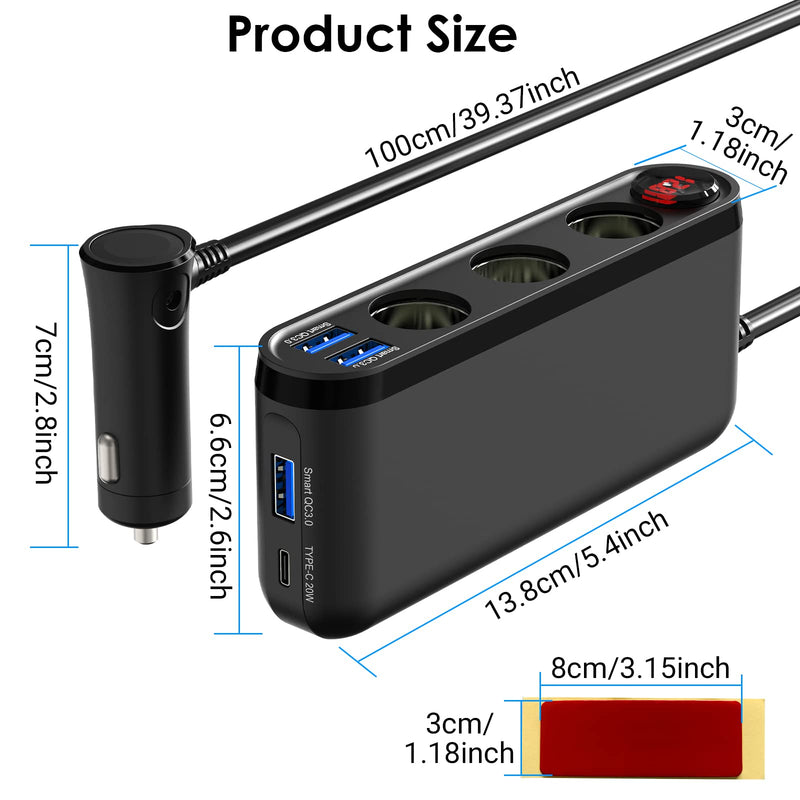 [Australia - AusPower] - Cigarette Lighter Splitter 3 Socket, 200W Cigarette Lighter Adapter with 20W PD3.0 USB C Car Charger, 18W QC3.0 Voltmeter Switch Outlet 12V/24V for Mobile Phone GPS Dash Cam 