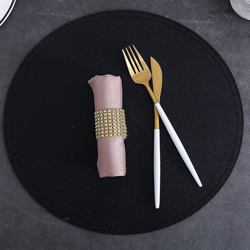 [Australia - AusPower] - Faux Leather Round Placemats and Coasters, Disko Table Mats and Drink Spills Coasters, Easy to Clean, Double Stitched for Kitchen Dining Table, Diameter 13''and 3.9'' Set of 4 Black 