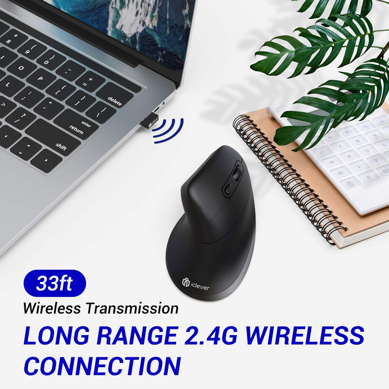 [Australia - AusPower] - Ergonomic Mouse, iClever Chargable Vertical Mouse Wireless 6 Buttons with Adjustable DPI 1000/1600/2000/2400 Comfortable 2.4G Optical Ergo Mouse for Laptop, Computer, Desktop, Windows, Mac OS-Black 