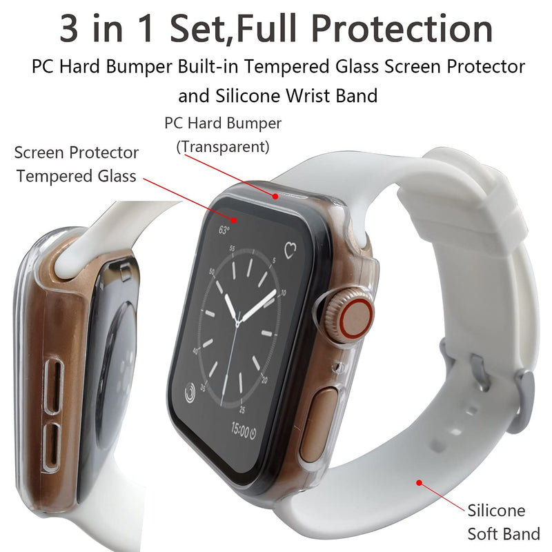 [Australia - AusPower] - iTecFree for Apple Watch Band and Case 44mm,PC Hard Cover Bumper Built-in Tempered Glass Screen Protector Silicone Men Women Sport Wrist Strap for iWatch SE Series 6/5/4(Clear-White, 44mm) Clear-White 